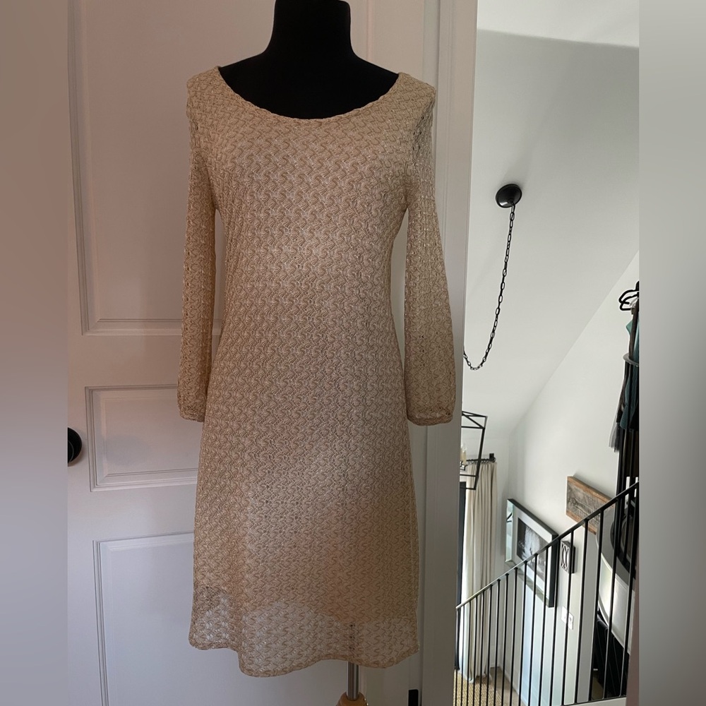 Lucky Brand Metallic Lace Sheath Dress – Gold, Long Sleeve, Size M
